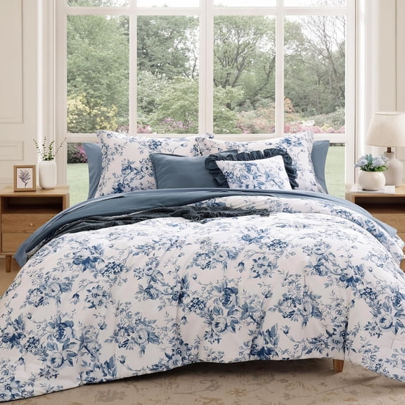 Queen 7-Piece Floral Blue Comforter Set with Botanical Flowers Rain Washed Color
