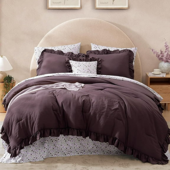 Queen 7-Piece Ruffle Comforter Set with Floral Sheets in Dark Purple