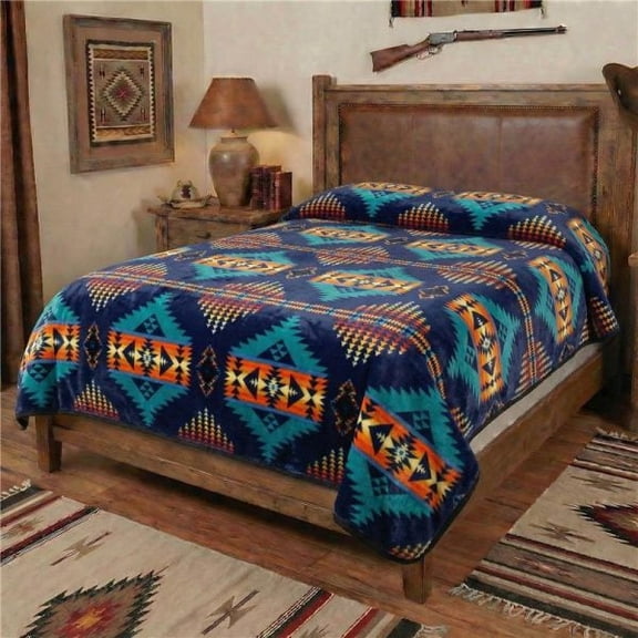 NATIVO Soft Touch Midnight Blue Tribal Flannel Bed 2ply Blankets, Full/Queen - Reversible