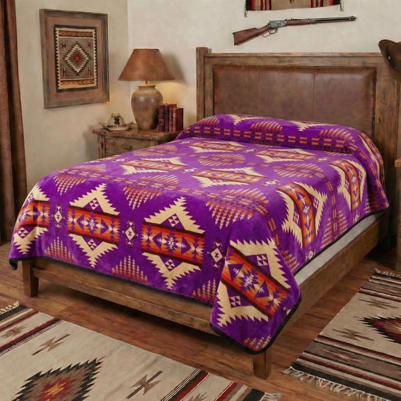 NATIVO western Purple Tribal Flannel Blankets, Queen Size- Reversible