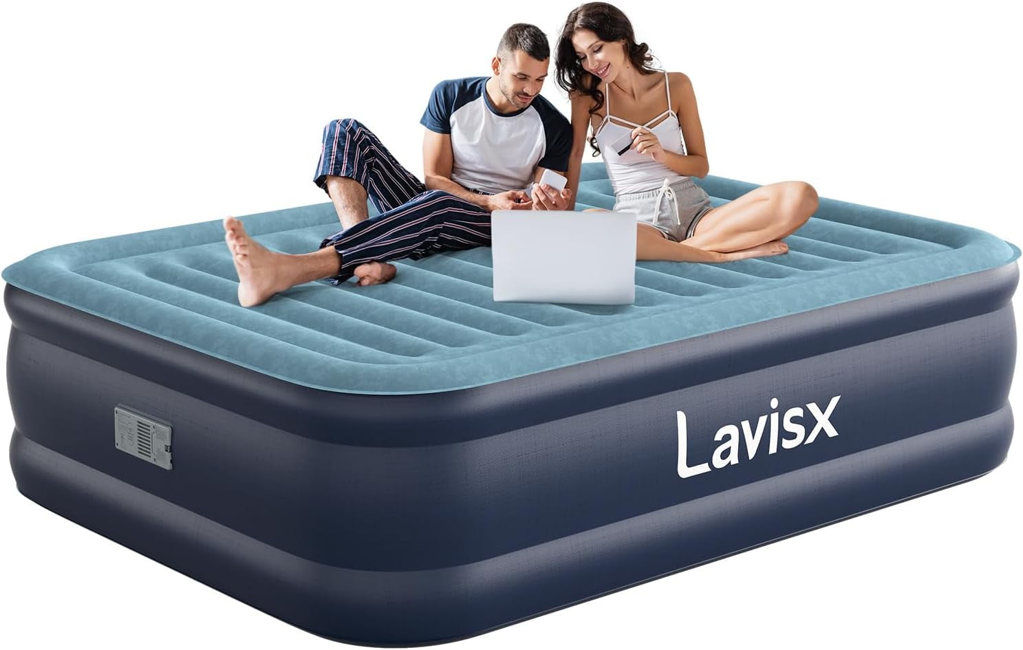 Queen Size Air Mattress With Built-in Pillow & High-Speed Pump - Inflatable Bed, Blue