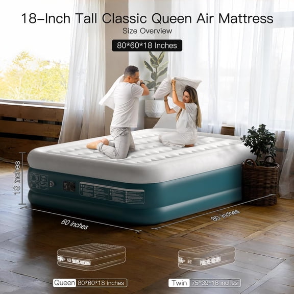 Queen Air Mattress Built in Pump Raised 18" Queen Air Mattress Queen Inflatable Mattress 2 Minutes Fast Inflate/Deflate Blow up Mattress Air Bed for Home Guest & Outdoor