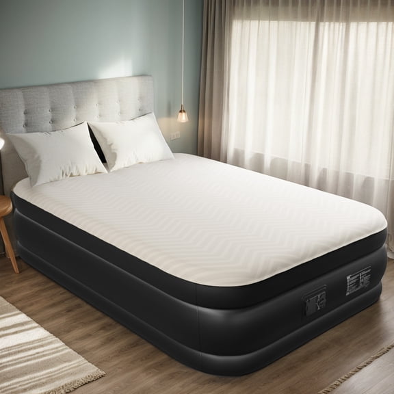Queen Air Mattress with Built-in Pump, 18" Foam Topper, Quick Inflate/Deflate, Waterproof Airbed for Home & Camping, Durable Flocked Surface, Beige/Black
