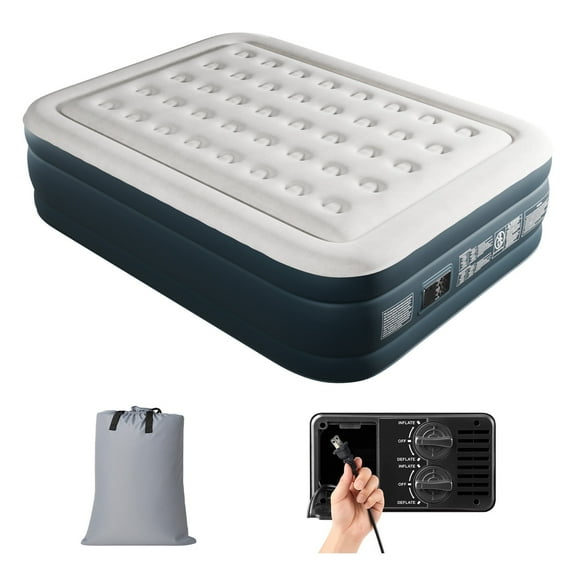 Queen Air Mattress with Built-in Pump, 18in Raised Comfort Blow up Mattress, Quick Inflation/Deflation Inflatable Mattress for Home Guests Camping, Gray & White