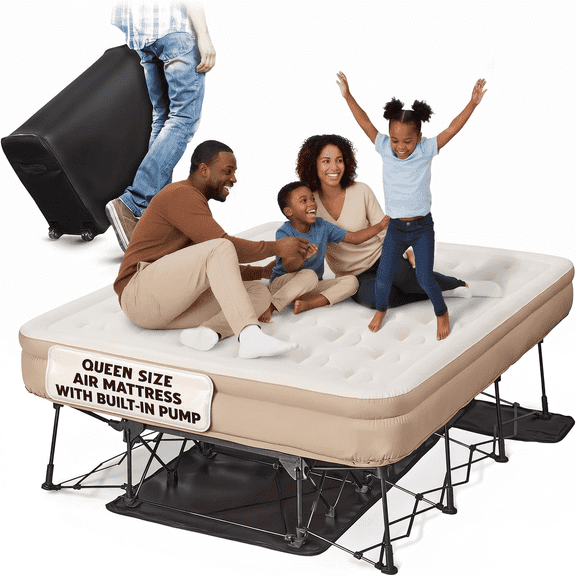 Queen Air Mattress with Frame, Self Inflating and Deflating Blow Up Bed for Adults with Battery Powered Pump, Folding Cot Frame and Rolling Travel Case