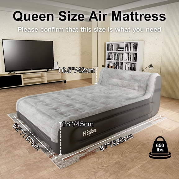 Queen Air Mattress with Headboard, Built-in USB Rechargeable Pump for Quick Inflation, 18" Raised Portable Blow up Mattress with Plush Dutch Velvet for Home, Guests, Camping, Black Grey