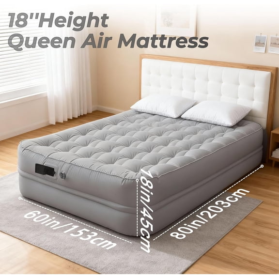 Queen Air Mattress with Rechargeable Battery Pump - 18 Inch High Inflatable Bed, 3-Min Fast Inflation & Portable Foldable Design, 650lbs Heavy Duty, Soft Pongee Fabric for Camping Home Use Gray