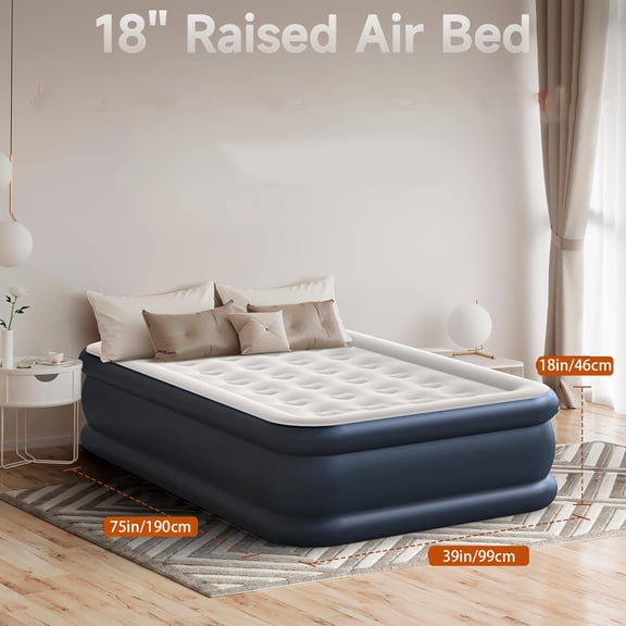 Queen Air Mattress w/Built-in Pump - 18" Comfortable Foldable Blue