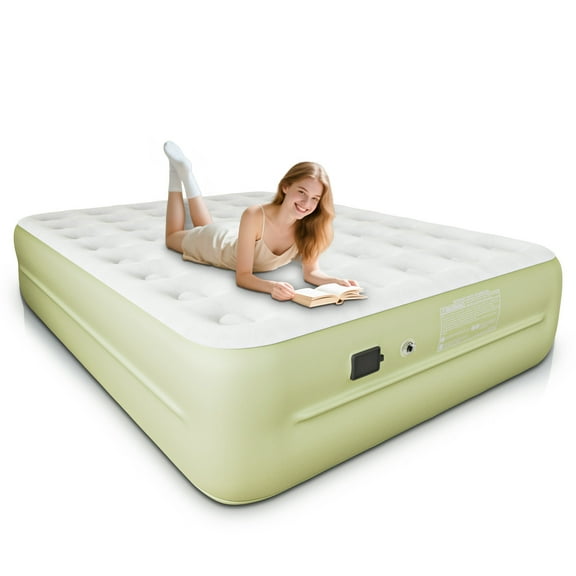 Queen Air Mattress,18-Inch Inflatable Bed with Built-in Pump, Top Plush Velvet Material Air Bed,3Minute Quick Inflation/Deflation,Suitable for Camping& Guests& Home,Green