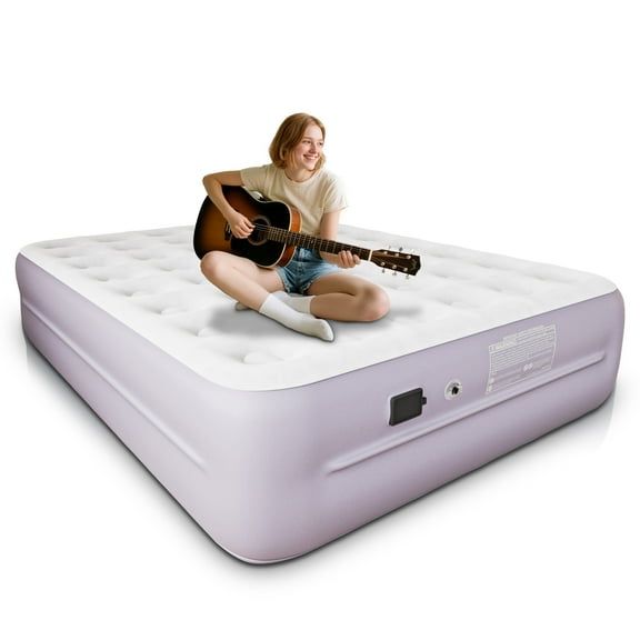 Queen Air Mattress,18-Inch Inflatable Bed with Built-in Pump, Top Plush Velvet Material Air Bed,3Minute Quick Inflation/Deflation,Suitable for Camping& Guests& Home,Purple