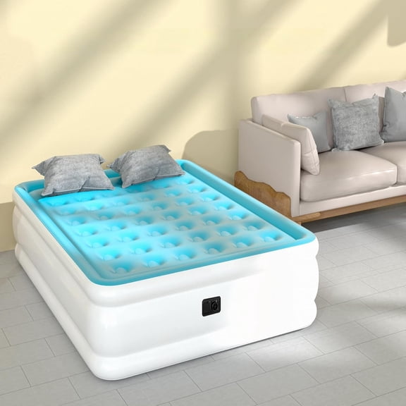 Queen Air Mattress with Built-in Pump, Single Air Bed with Portable Storage Bag, Suitable for Home and Guests, Top Flocking, 18" Queen Sky Blue