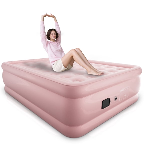 LussoAmor 18 Inch Queen Air Mattress Built-in  battery Pump, Cooling Polyester Pongee Top, Fast 3 Mins Inflatable Bed for Guest Room Camping,Pink
