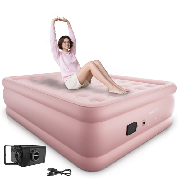LussoAmor Queen 18" Elevated Air Mattress, Built-In Rechargeable Battery Pump,Cooling Polyester Pongee Top, 3-Min Fast Inflation, Blow Up Bed for Guest & Camping, Pink