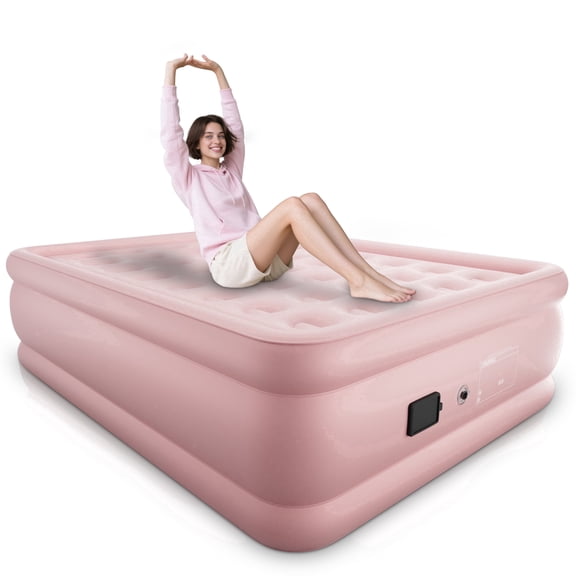 LussoAmor Pink 18 Inch Queen Air Mattress Built-in battery Pump, Cooling Polyester Pongee Top, Fast 3 Mins Inflatable Bed for Guest Room Camping