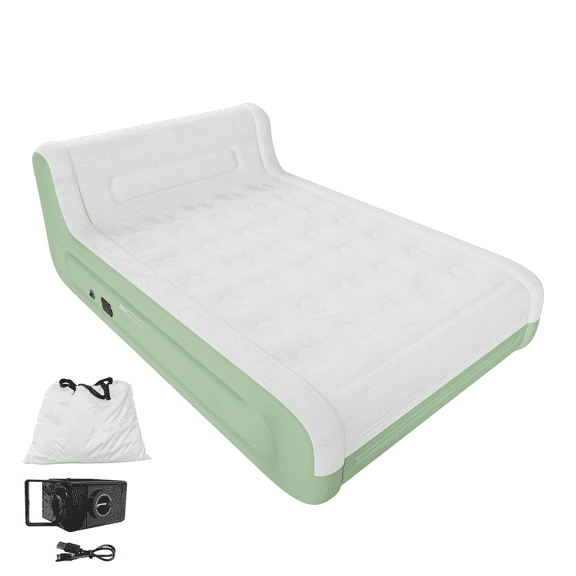 Queen Air Mattress with Headboard,Built in Pump,18”Self Inflating Air Bed for Family Guest Travel Camping,Green