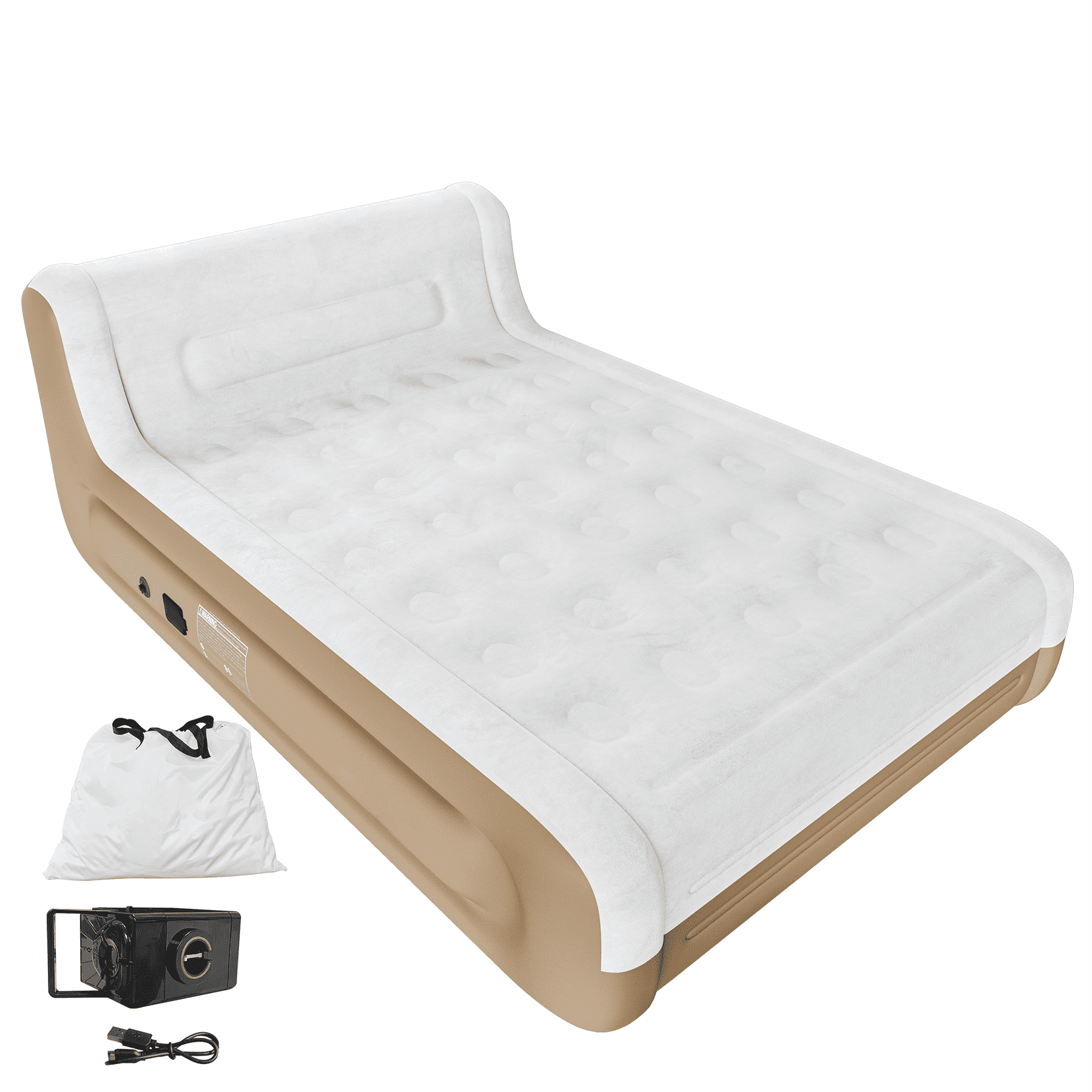 Queen Air Mattress with Headboard,Built in Pump,18”Self Inflating Air Bed for Family Guest Travel Camping,Khaki