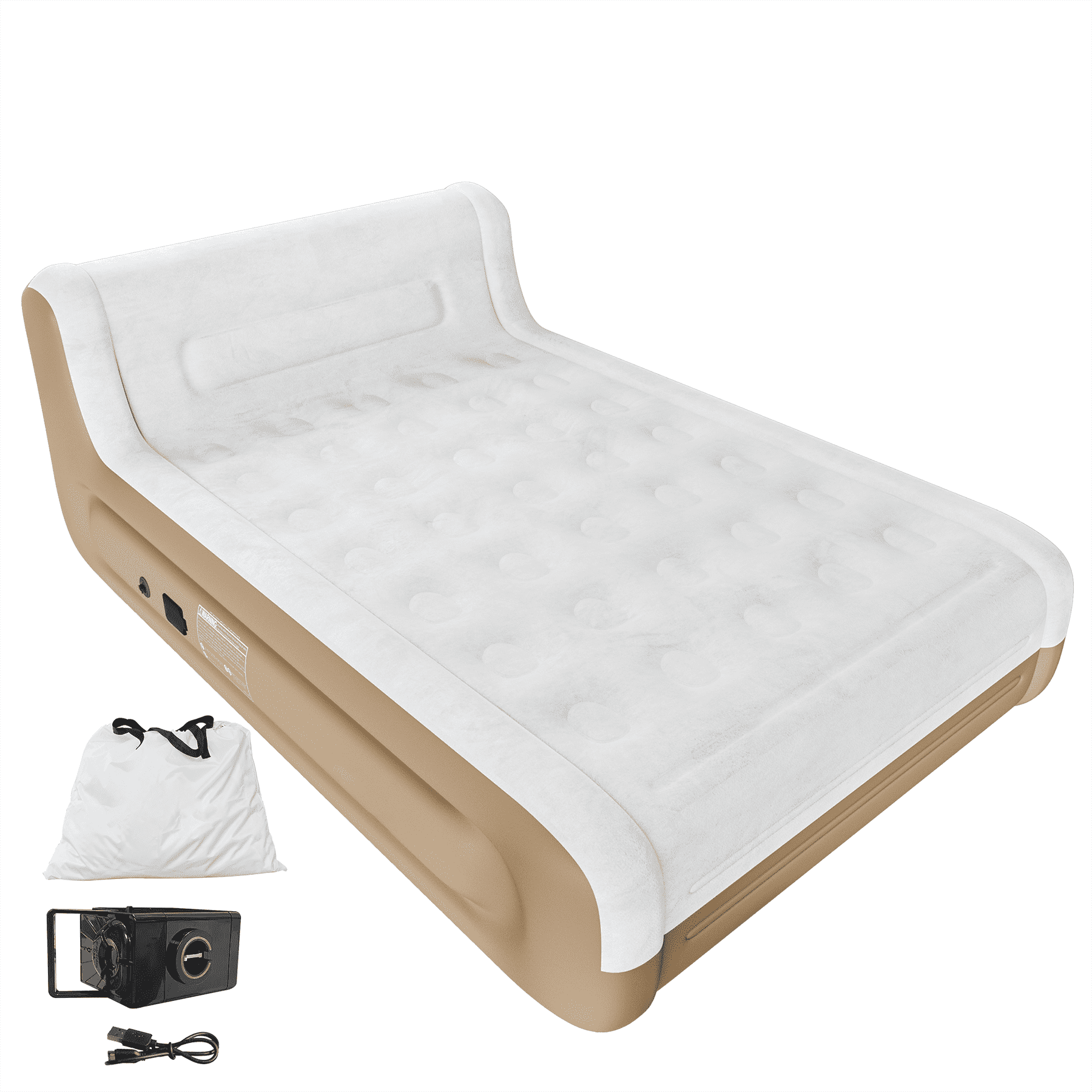 Queen Air Mattress with Headboard,Built in Pump,18”Self Inflating Air Bed for Family Guest Travel Camping,Khaki
