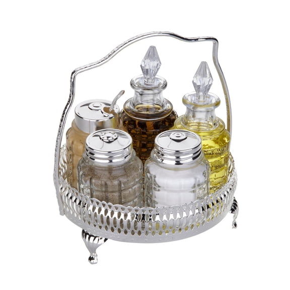 Queen Anne 5 Pce Round Cruet 5 1/2"dia x 6 3/4"h English Silver Plate (Tarnish Resistant). SKU #: 0/4719.