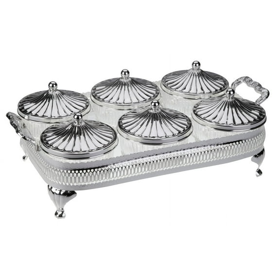 Queen Anne 6 Pce Round Party Set.5"h x 8"w x 14 3/4"l English Silver Plate (Tarnish Resistant). SKU #: 0/4927.