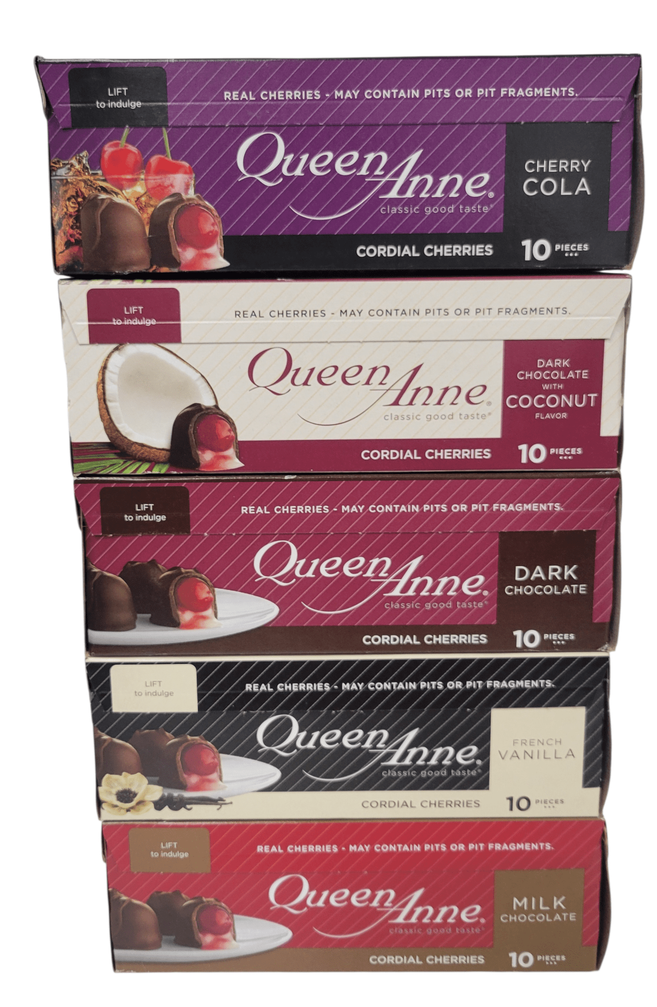 Queen Anne Cordial Cherries Assorted Flavors: Milk Chocolate, Dark Chocolate, Cherry Cola, French Vanilla, & Dark Chocolate with Coconut , (10 Pieces Each)