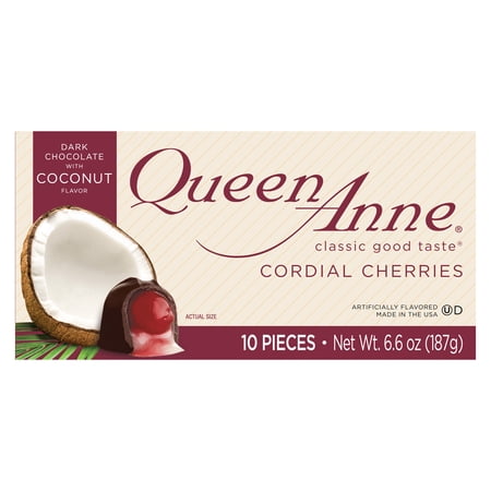 Queen Anne Dark Chocolate Coconut Cordial Cherries, 6.6 oz Box, 10 Pieces