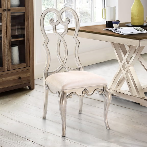 Queen Anne back side chairs set of 2 in ivory and antique champagne offering comfort in various rooms with elegant wooden design