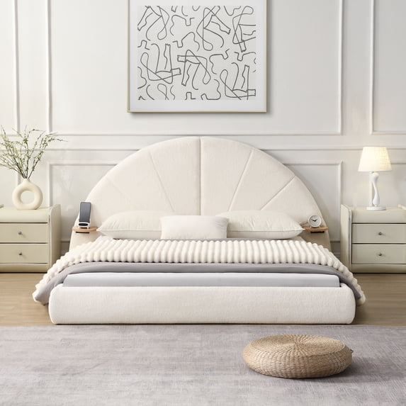 Unique Arched Boucle Queen Bed Frame in Beige with Built-in Side Table, Luxurious & Skin-Friendly Fabric, Sturdy Wood Frame, Easy Assembly for Bedroom