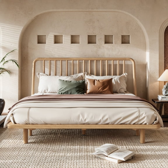 Queen Bamboo Platform Bed with Vertical Slat Slanted Headboard, Solid Bamboo-made Bed Frame with Support Slats,Queen Bed Frame for Bedroom, Guest Rooms, Dorms,Natural