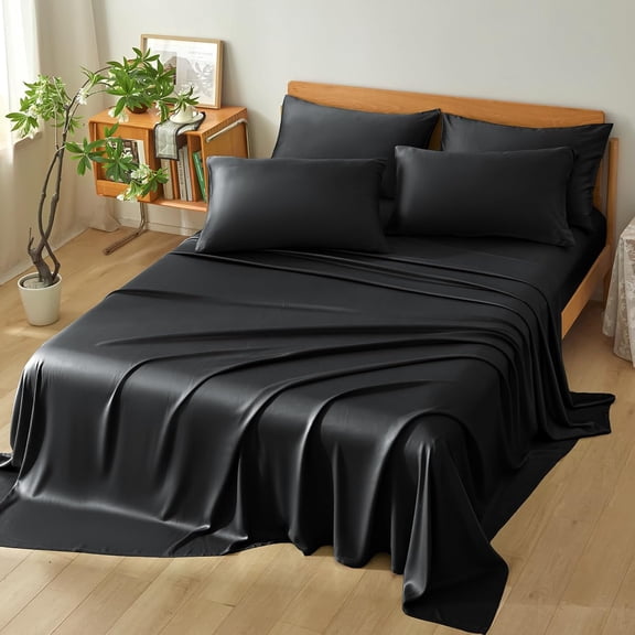 Queen Bamboo Rayon Bed Sheets Set 4-Piece, Black, Soft Silky & Cooling Fabric, Breathable Deep Pocket 16", Comfortable Sleep for Hot Sleepers