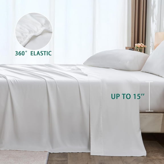 Queen Bamboo Rayon Bed Sheets Set 4-Piece, White, Soft Silky Cooling Fabric, Deep Pocket 15", Includes Sheets & Pillowcases for Hot Sleepers