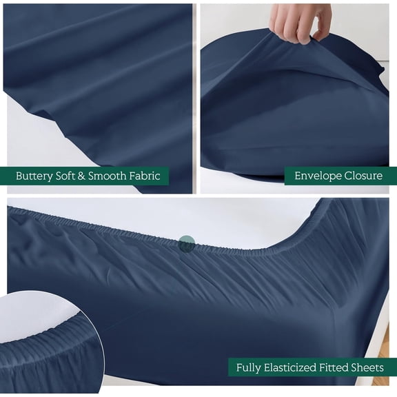 Queen Bamboo Viscose Sheets Set 4-Piece, Navy, Silky Soft & Cooling, Breathable Fabric, Deep Pocket Fit up to 16", Comfortable Bedding
