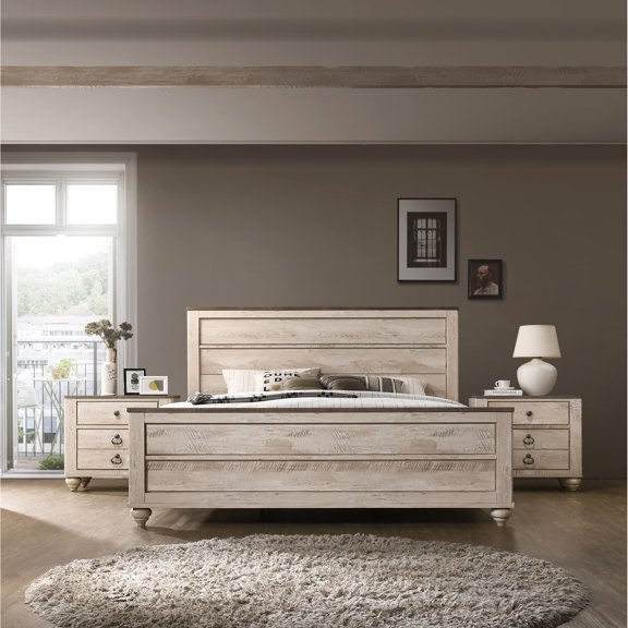 Queen Bed and 2 Nightstands Bedroom Set | Transform Bedroom with Industrial Chic Style | Delicate Metal Handles and Turned Bun Feet | Solve the Problem of Lack of Elegance in Bedroom