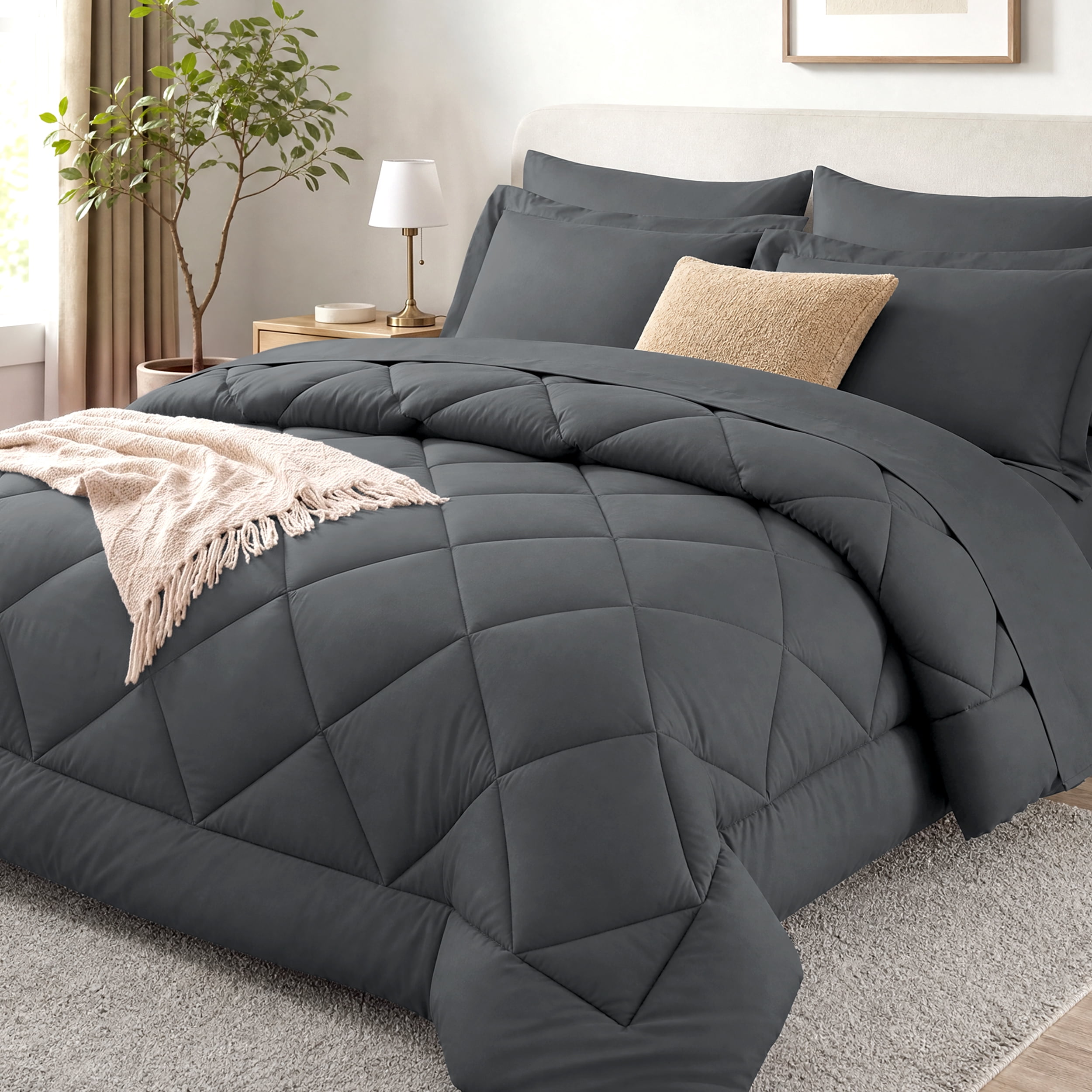 Wishead Queen Bed in a Bag Comforter Set with 7 Pieces - Dark Gray All Season Bedding Sets with Comforter, Pillow Shams, Flat Sheet, Fitted Sheet and Pillowcases