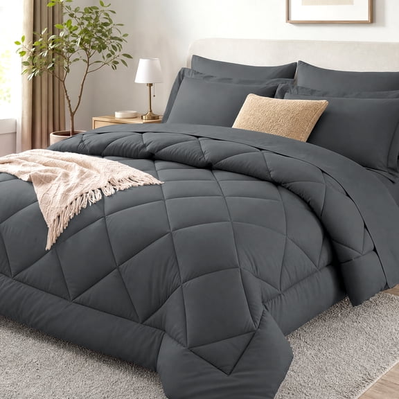 Wishead Queen Bed in a Bag Comforter Set with 7 Pieces - Dark Gray All Season Bedding Sets with Comforter, Pillow Shams, Flat Sheet, Fitted Sheet and Pillowcases