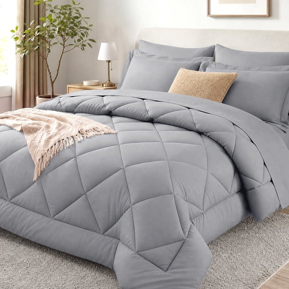 WISHEAD Queen Bed in a Bag Comforter Set with 7 Pieces - Light Gray All Season Bedding Sets with Comforter, Pillow Shams, Flat Sheet, Fitted Sheet and Pillowcases