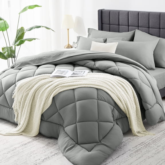 WISHEAD Queen Bed in a Bag Comforter Set with 7 Pieces - Light Gray All Season Bedding Sets with Comforter, Pillow Shams, Flat Sheet, Fitted Sheet and Pillowcases
