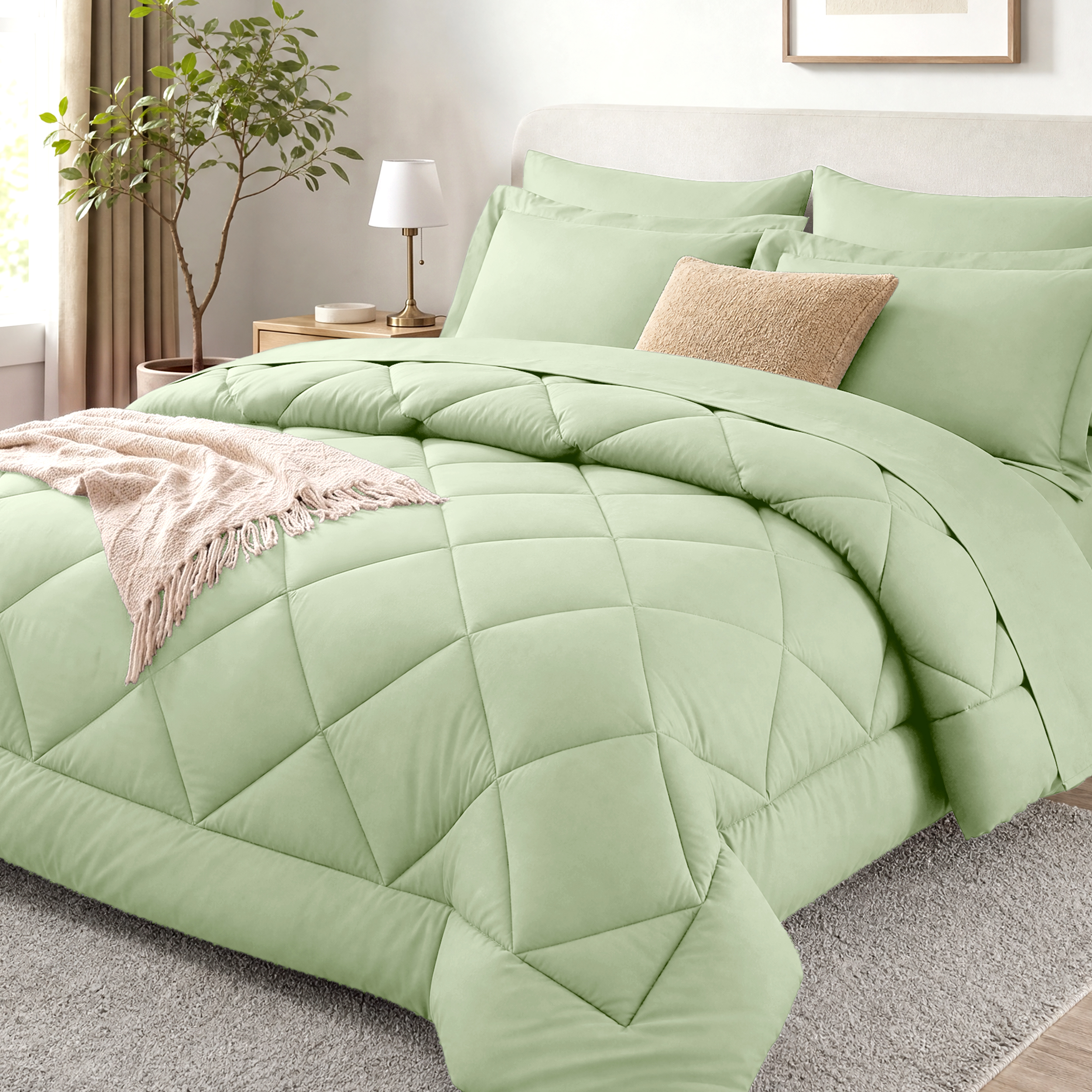WISHEAD Queen Bed in a Bag Comforter Set with 7 Pieces - Sage Green All Season Bedding Sets with Comforter, Pillow Shams, Flat Sheet, Fitted Sheet and Pillowcases