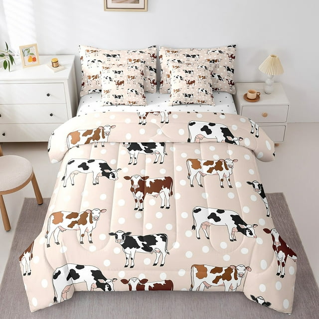 Queen Bed in a Bag Milk Cow Comforter Set with Sheets 7Pieces All Season Western Cow Bedding Sets with Comforter,Pillow Sham,Flat Sheet,Fitted Sheet and Pillowcase