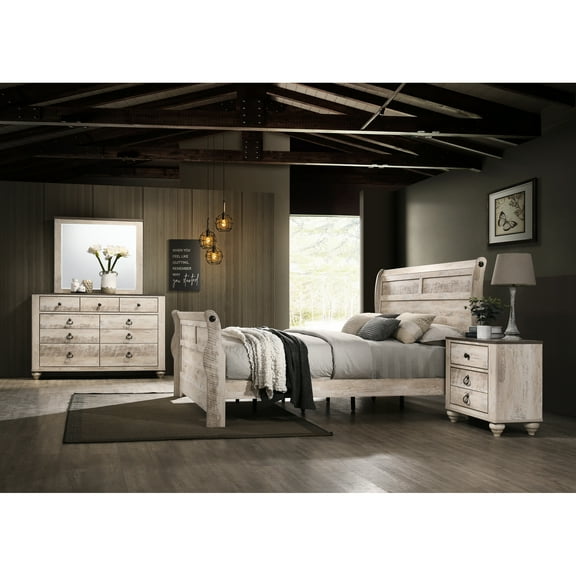 Queen Bed Bedroom Furniture With Dresser, Mirror, Nightstand In White Wash Theme Containing Bed,