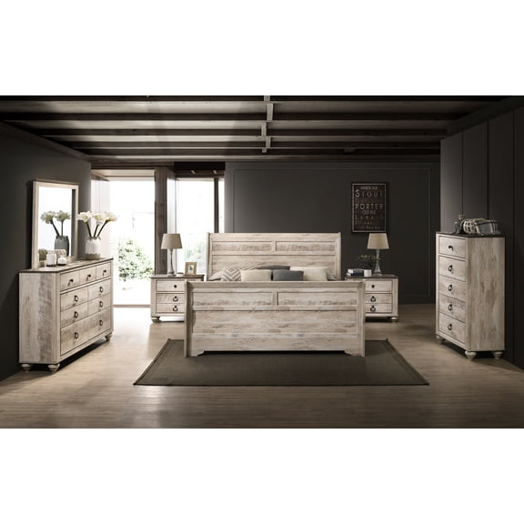 Queen Bed Bedroom With White Wash Finish, Dresser, Mirror, Nightstands, Chest - Rustic Chic Modern Including 2 Finish