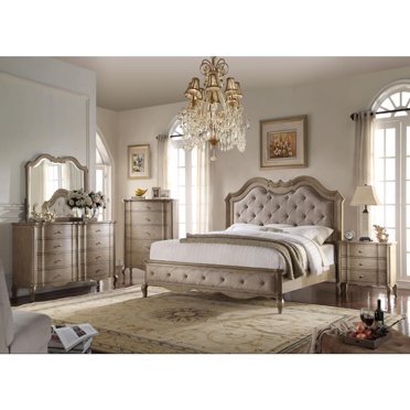 Queen Bed, Beige Fabric & Antique Taupe