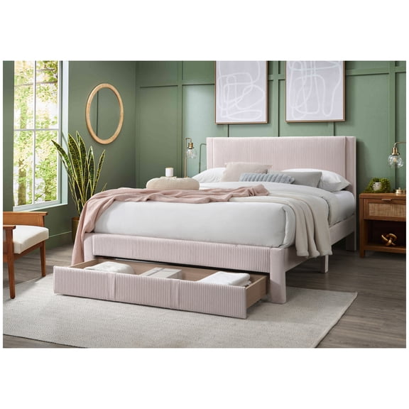 Queen Bed Box Spring Not Required + Queen + Pink + Wood + Bedroom + Modern + Panel + MDF + Corduroy