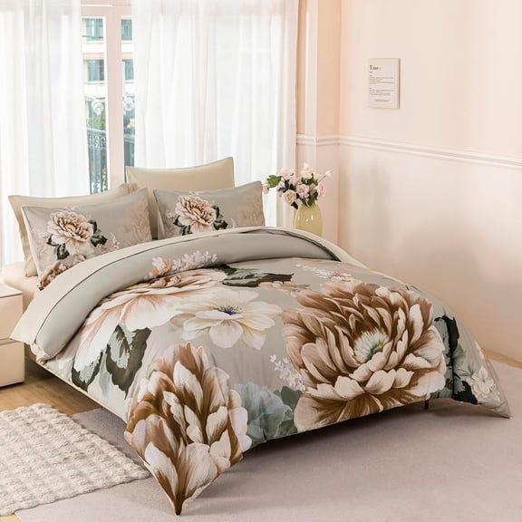 Queen Bed Comforter Set Khaki Floral 7-Piece Bedding in Bag with Peony Pattern