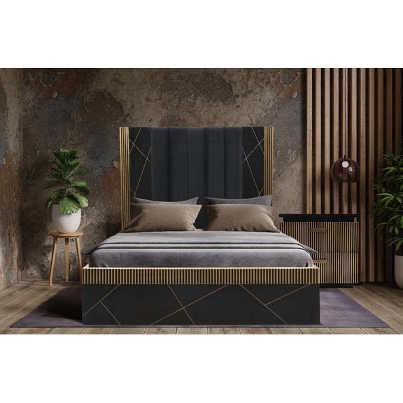 Modern Queen Bed Crafted from Mango Wood and Adorned with Brass Metal