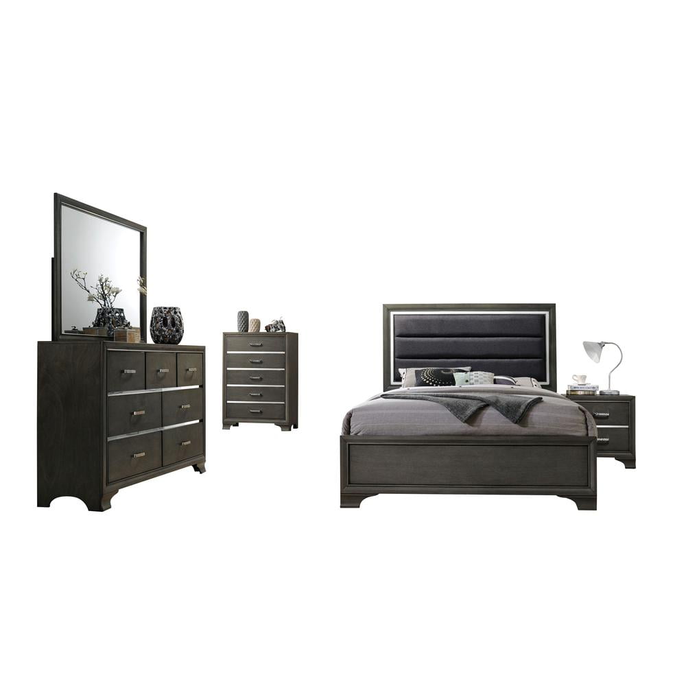 Gray Upholstered Queen Bed with Tufted Headboard and Storage Drawer