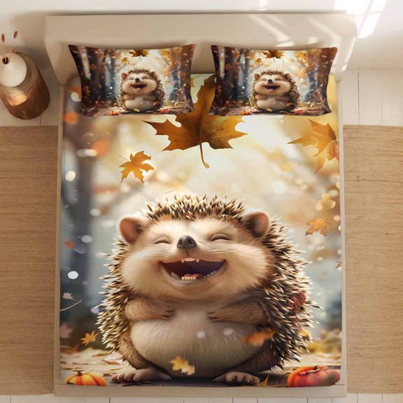 Queen Bed Fitted Sheets Cartoon Hedgehog Autumn Maple Leaves Pumpkin Bed Set with 16" Deep Pocket,Soft Microfiber Bedding Bottom Sheet with 2 Decorative Pillowcases Forest