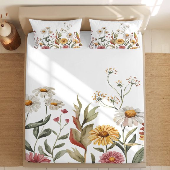 Queen Bed Fitted Sheets Fall Eucalyptus Leaves Sunflower Farm Flower Bed Set with 16" Deep Pocket,Soft Microfiber Bedding Bottom Sheet with 2 Decorative Pillowcases Watercolor Floral on White