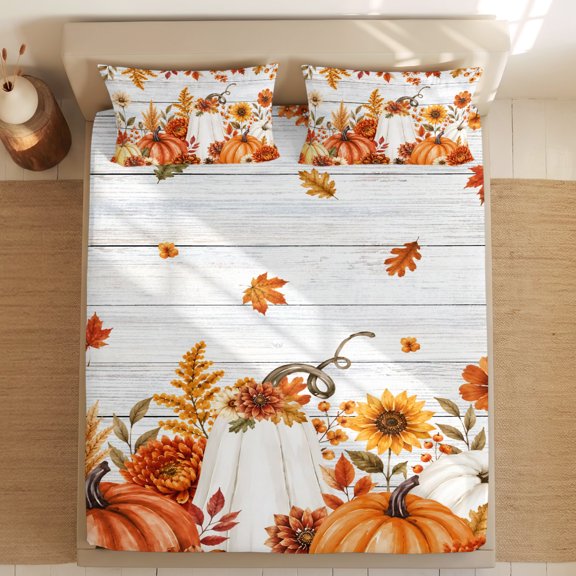 Queen Bed Fitted Sheets Fall Fallen Leaves Wood Plank Bed Set with 16" Deep Pocket,Soft Microfiber Bedding Bottom Sheet with 2 Decorative Pillowcases Thanksgiving Pumpkin Flower