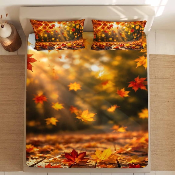 Queen Bed Fitted Sheets Fall Maple Leaves Wooden Plank Bed Set with 16" Deep Pocket,Soft Microfiber Bedding Bottom Sheet with 2 Decorative Pillowcases Thanksgiving Sunbeam Foliage
