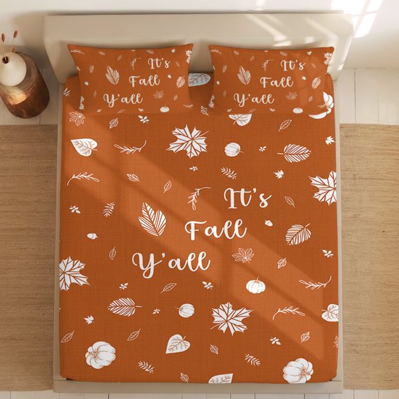 Queen Bed Fitted Sheets Fall Y'all Fallen Leaves on Orange Linen Bed Set with 16" Deep Pocket,Soft Microfiber Bedding Bottom Sheet with 2 Decorative Pillowcases Happy Thanksgiving Pumpkin